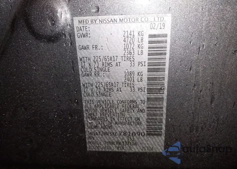 2019 Nissan Rogue S z USA, uszkodzony, nr VIN 5N1AT2MV3KC781090